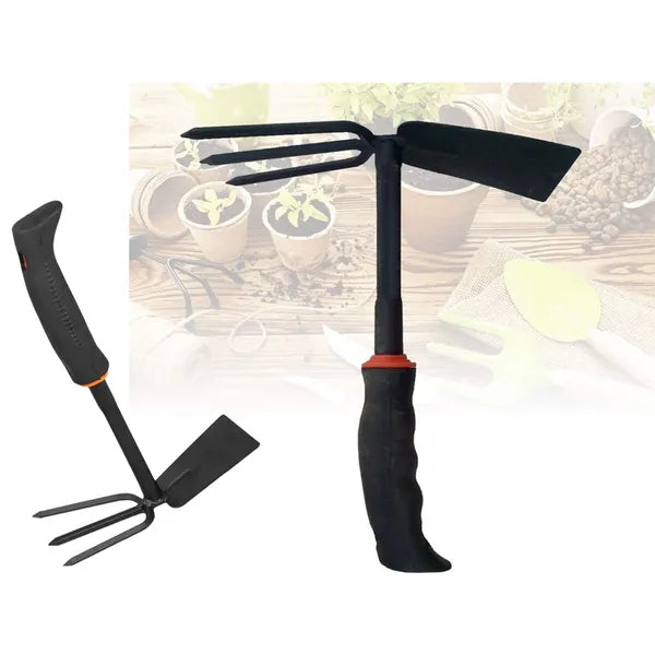 Kétoldalas kézi kapa és gereblye, edzett acél pengékkel, 27 cm