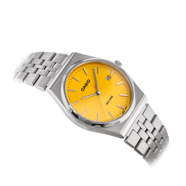 Casio MTP-B145D-9A férfi karóra, narancs számlap, acél szíj, WR50