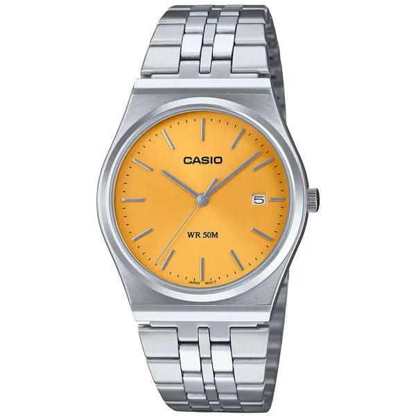 Casio MTP-B145D-9A férfi karóra, narancs számlap, acél szíj, WR50