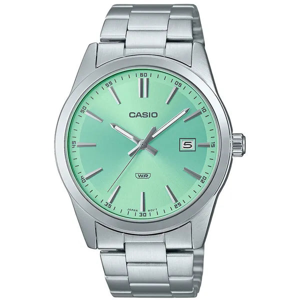 Casio férfi karóra, zöld számlap, acél szíj, WR50, kvarc