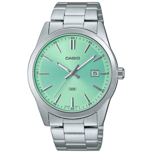 Casio férfi karóra, zöld számlap, acél szíj, WR50, kvarc