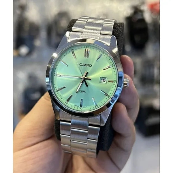 Casio férfi karóra, zöld számlap, acél szíj, WR50, kvarc