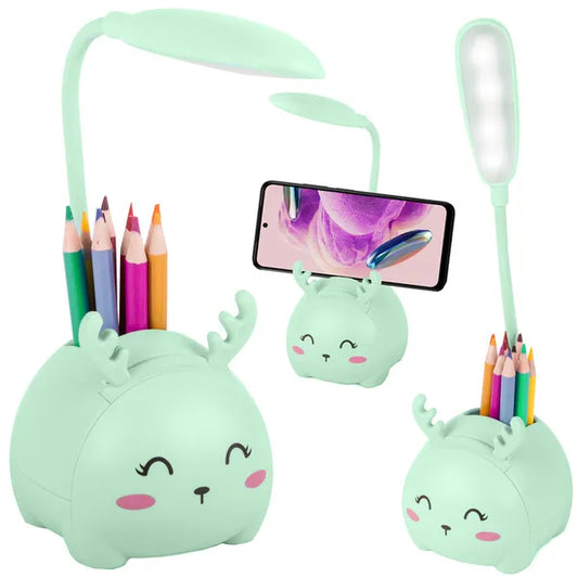 Zöld, állatfigurás LED éjjeli lámpa gyerekeknek, USB-s, ceruzatartóval