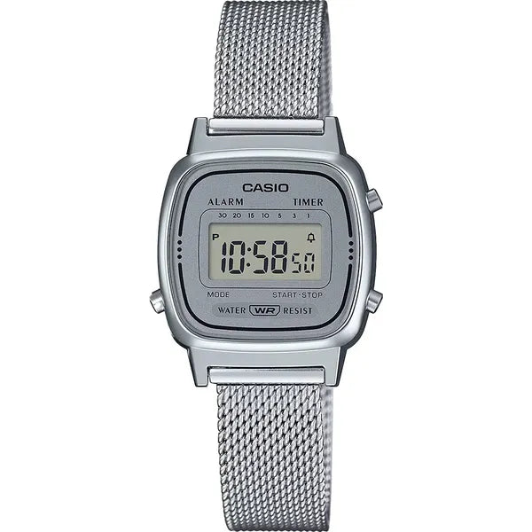Casio LA670WEM-7DF női retro digitális karóra, ezüst acél, WR30