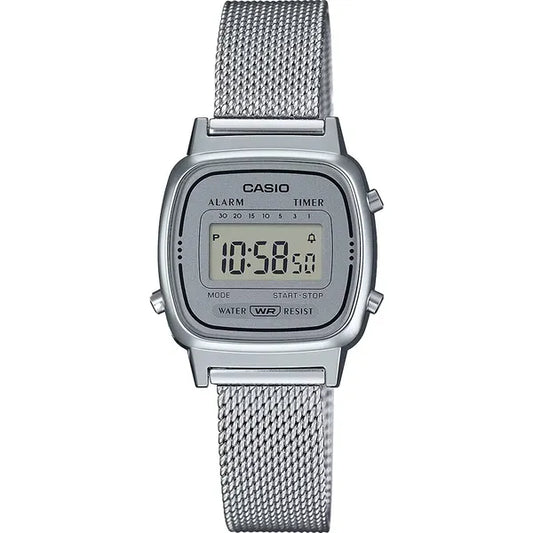 Casio LA670WEM-7DF női retro digitális karóra, ezüst acél, WR30