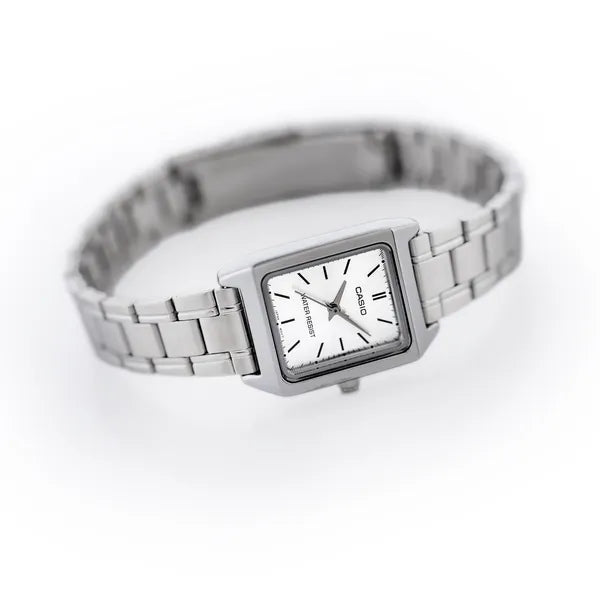 Casio LTP-V007D-7E női karóra, ezüst acél szíj, téglalap tok, WR50