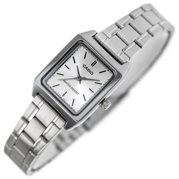 Casio LTP-V007D-7E női karóra, ezüst acél szíj, téglalap tok, WR50