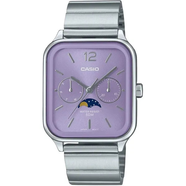 Casio MTP-M305D-6A férfi kvarc karóra, lila számlap, acél szíj, díszdoboz