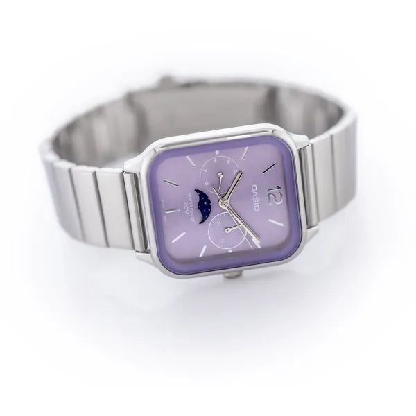 Casio MTP-M305D-6A férfi kvarc karóra, lila számlap, acél szíj, díszdoboz