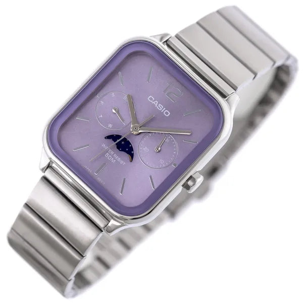 Casio MTP-M305D-6A férfi kvarc karóra, lila számlap, acél szíj, díszdoboz