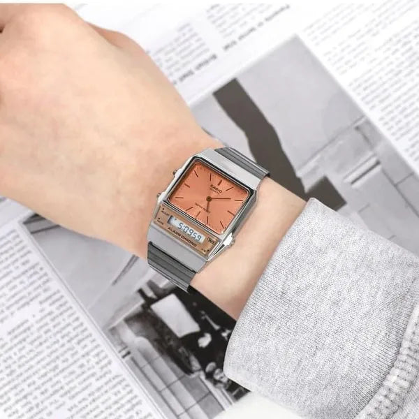 Casio Vintage AQ-800ECGG-4ADF uniszex karóra, dual time, szürke acél, rozéarany