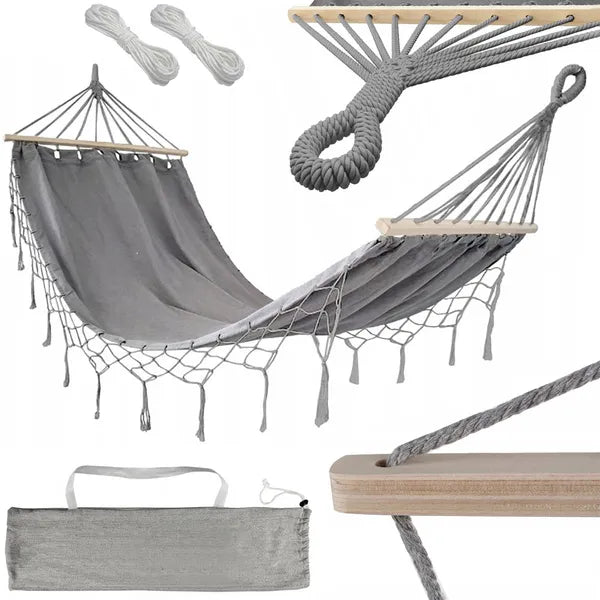 Kerti XL függőágy 200×100 cm, 200 kg teherbírással, huzattal és kötelekkel