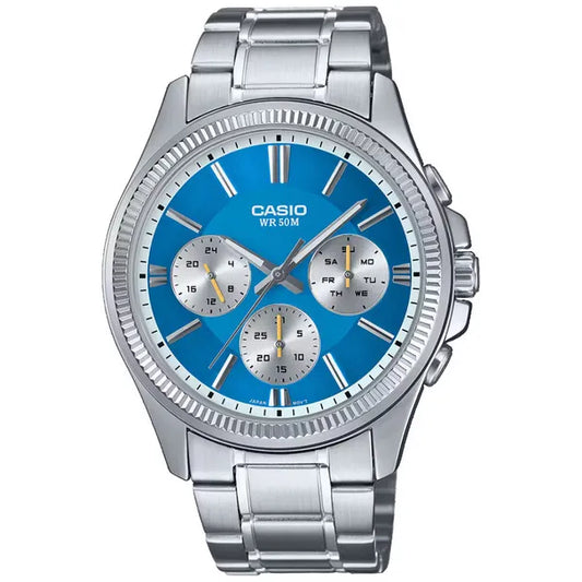 Casio férfi karóra kronográf, kék számlap, rozsdamentes acél szíj, WR50