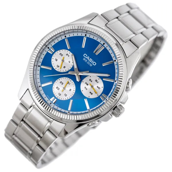 Casio férfi karóra kronográf, kék számlap, rozsdamentes acél szíj, WR50