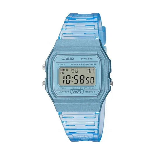 Casio F-91WS-2 uniszex retro digitális karóra, kék áttetsző, WR30