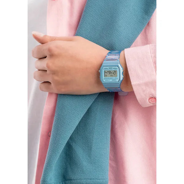 Casio F-91WS-2 uniszex retro digitális karóra, kék áttetsző, WR30