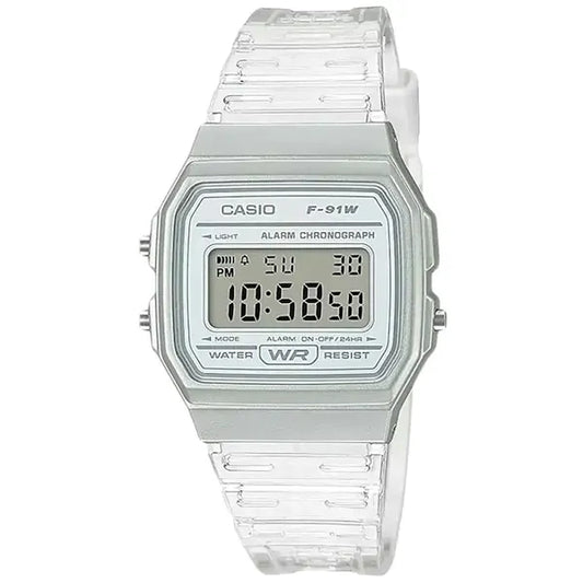 Casio F-91WS-7 uniszex retro digitális karóra, átlátszó fehér, WR30