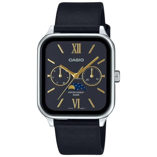 Férfi karóra Casio MTP-M305L-1A2, bőrszíj, 34 mm, WR50, holdfázis