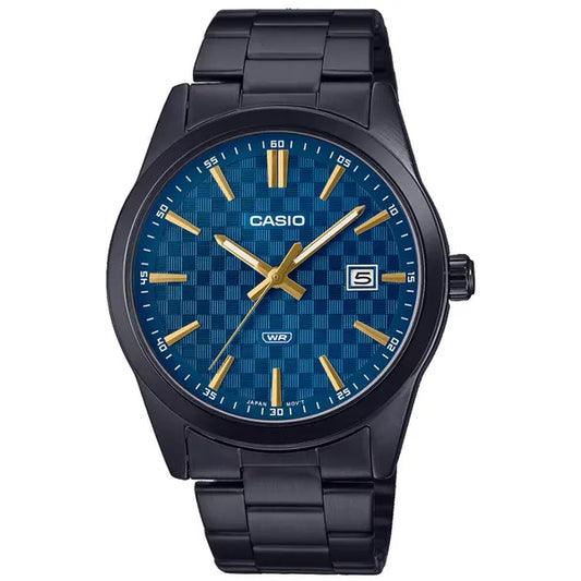 Casio MTP-VD03B-2A férfi karóra, fekete acél szíj, kék számlap, WR50, dátum