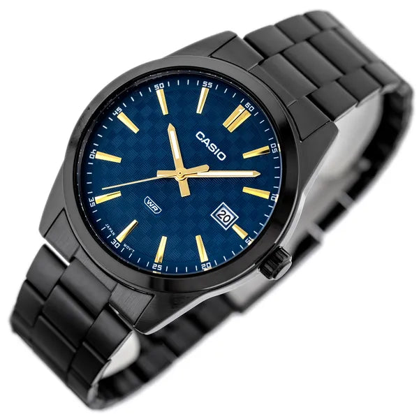 Casio MTP-VD03B-2A férfi karóra, fekete acél szíj, kék számlap, WR50, dátum