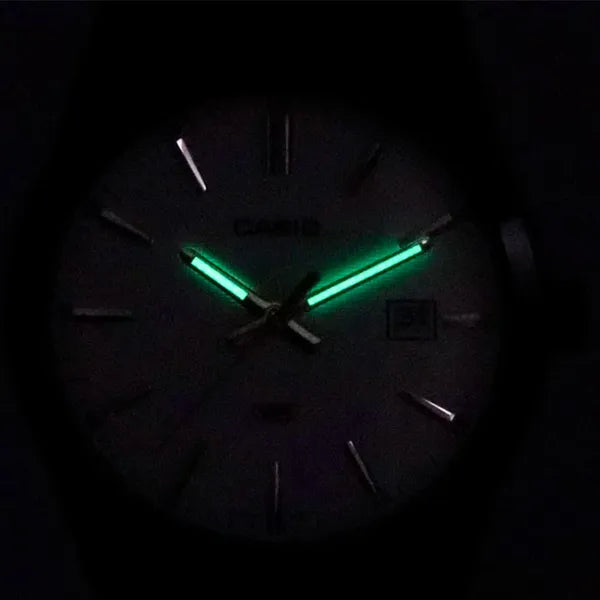 Casio MTP-VD03B-2A férfi karóra, fekete acél szíj, kék számlap, WR50, dátum