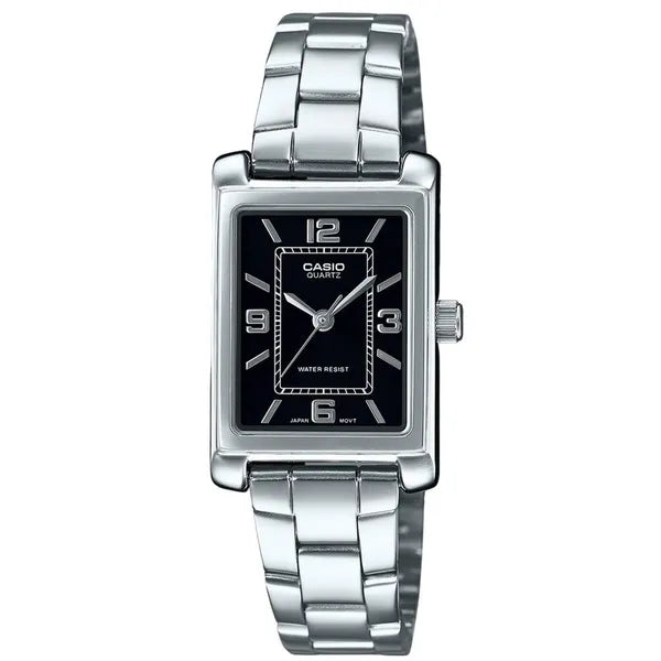 Casio női karóra LTP-1234DD-1A, acél szíj, fekete téglalap számlap, WR30