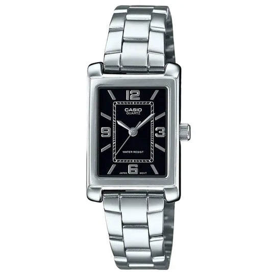 Casio női karóra LTP-1234DD-1A, acél szíj, fekete téglalap számlap, WR30