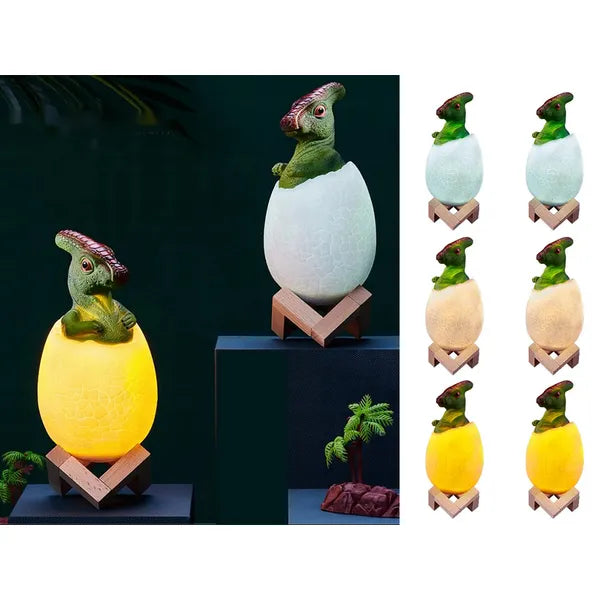 Triceratops dinoszaurusz RGB LED tojás éjjeli lámpa, fa talp, gyerekeknek