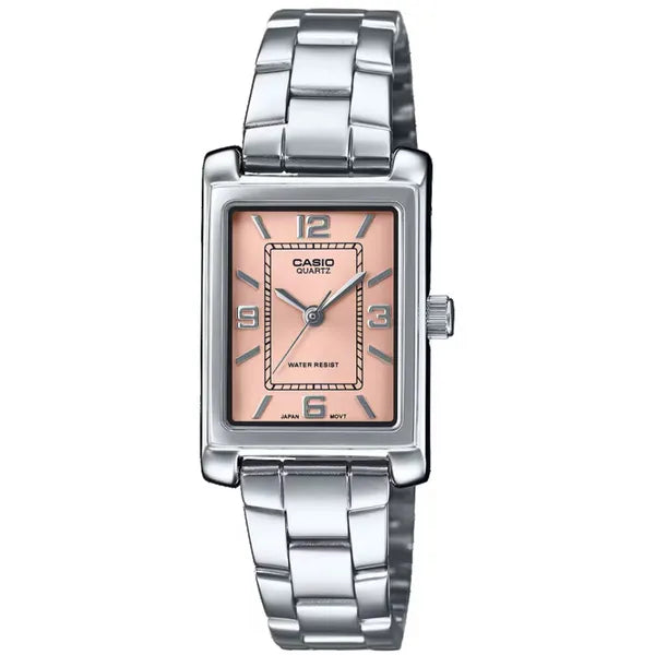 Női Casio LTP-1234DD-4A karóra, rozsdamentes acél, rózsaszín számlap, téglalap