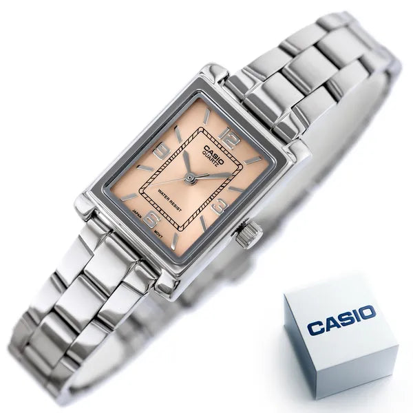 Női Casio LTP-1234DD-4A karóra, rozsdamentes acél, rózsaszín számlap, téglalap