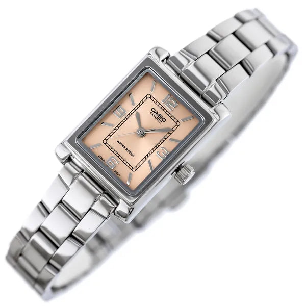 Női Casio LTP-1234DD-4A karóra, rozsdamentes acél, rózsaszín számlap, téglalap