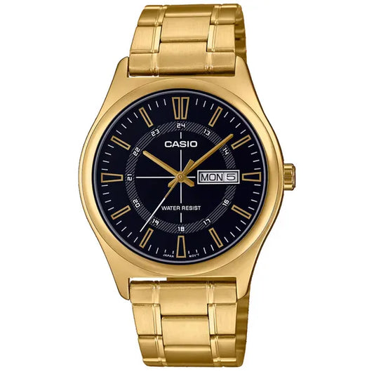 Casio MTP-V006G-1C férfi karóra, arany nemesacél, fekete számlap, dátum, WR30