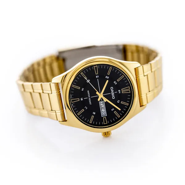 Casio MTP-V006G-1C férfi karóra, arany nemesacél, fekete számlap, dátum, WR30