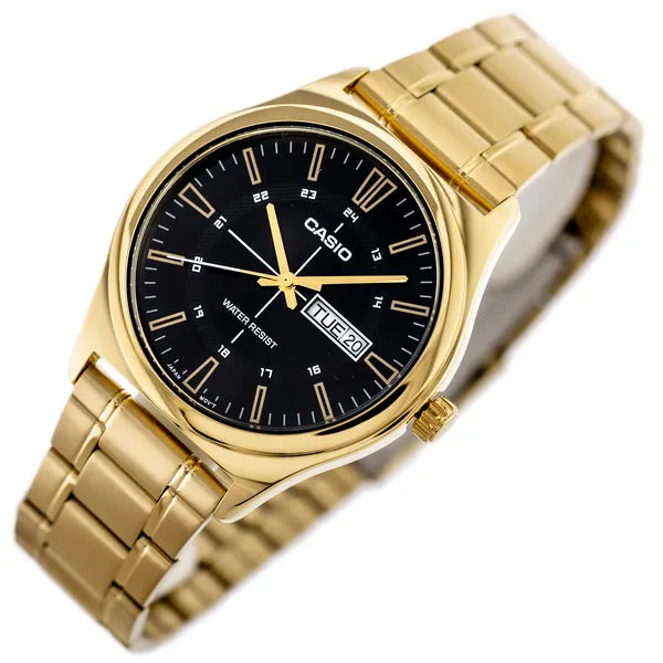 Casio MTP-V006G-1C férfi karóra, arany nemesacél, fekete számlap, dátum, WR30
