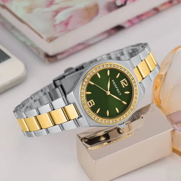Perfect S390-06 női karóra, zöld számlap, arany/ezüst fém szíj, 34 mm