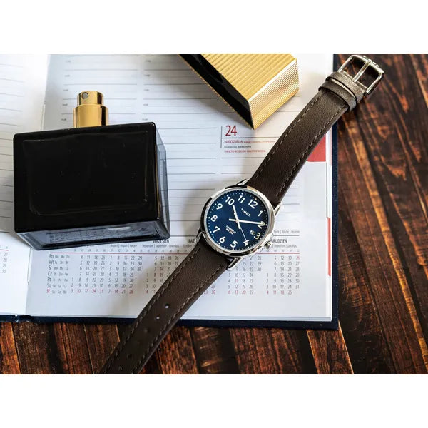 Timex Easy Reader női karóra, 35 mm, fekete bőrszíj, kék számlap