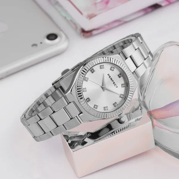 Perfect S391-01 női karóra, 34 mm, ezüst fémszíj, kristályos számlap