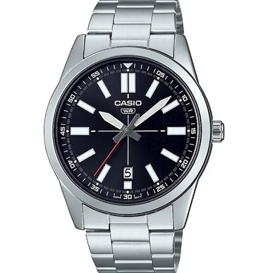 Casio MTP-VD02D-1E férfi karóra, acél szíj, fekete számlap, WR30, 41 mm