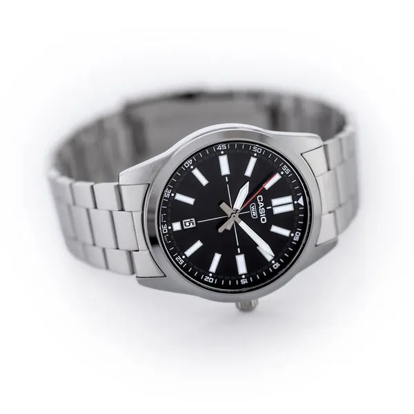 Casio MTP-VD02D-1E férfi karóra, acél szíj, fekete számlap, WR30, 41 mm