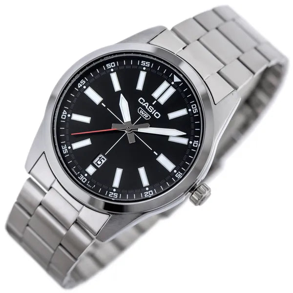 Casio MTP-VD02D-1E férfi karóra, acél szíj, fekete számlap, WR30, 41 mm