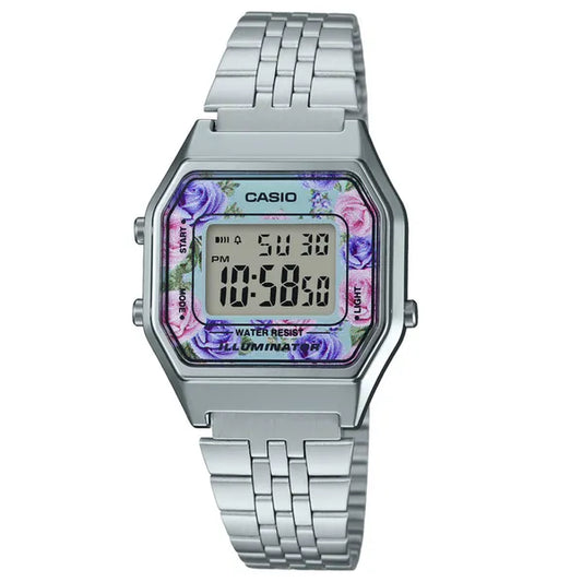 Casio LA680WA-2C női digitális karóra, turkiz számlap, ezüst acél szíj, 30 m WR
