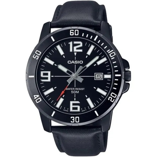 Casio MTP-VD01BL-1B férfi karóra, fekete acél tok 45 mm, bőrszíj, WR50