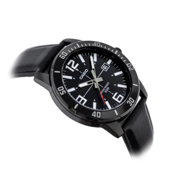 Casio MTP-VD01BL-1B férfi karóra, fekete acél tok 45 mm, bőrszíj, WR50