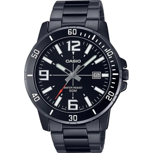Casio MTP-VD01B-1B férfi karóra, fekete acél, WR50, dátum, 45 mm