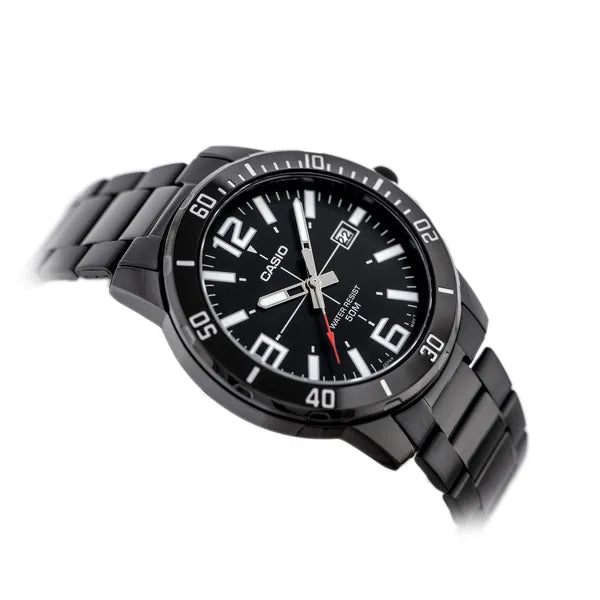 Casio MTP-VD01B-1B férfi karóra, fekete acél, WR50, dátum, 45 mm