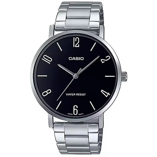 Casio MTP-VT01D-1B2 férfi karóra, fekete számlap, acél szíj, 40 mm
