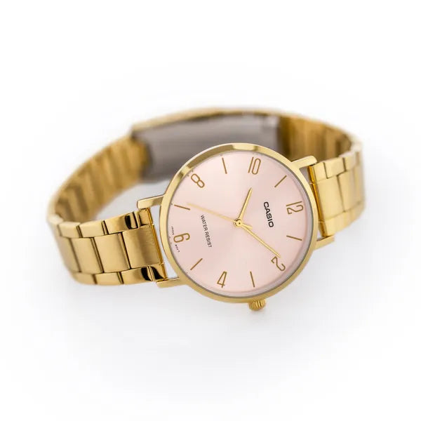 Casio női kvarc karóra, arany acél tok és szíj, rozéarany számlap 40 mm