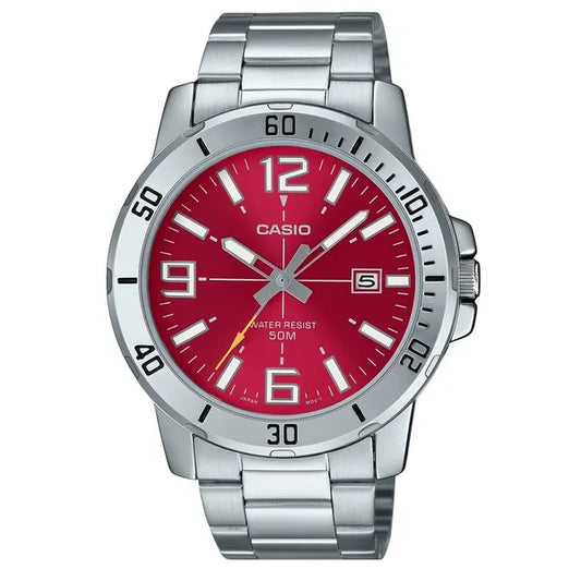 Casio MTP-VD01D-4B férfi karóra, rozsdamentes acél szíj, piros számlap