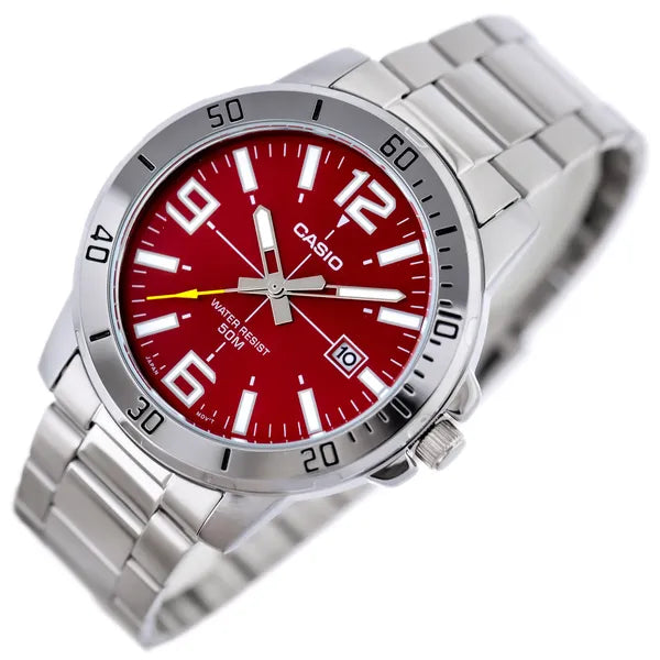 Casio MTP-VD01D-4B férfi karóra, rozsdamentes acél szíj, piros számlap