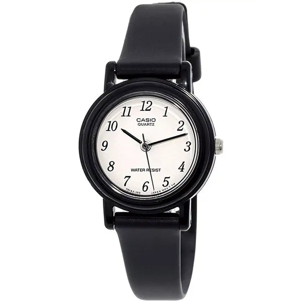 Casio női karóra, kvarc, 25 mm, fehér számlap, fekete bőrszíj, WR30